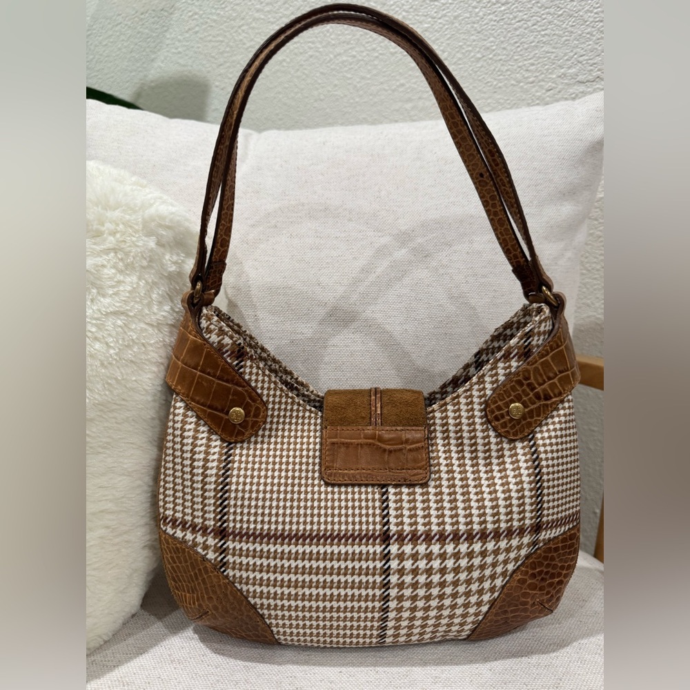 ‼️SOLD‼️Ralph Lauren Houndstooth Neutral Croc Leather Toggle Lock Hobo Bag Purse - Picture 6 of 16